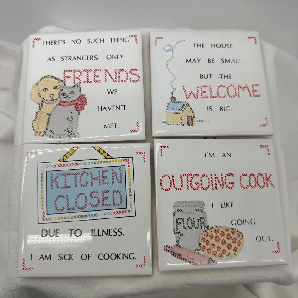Vintage 1985 House of Lloyd Kitchen Trivet Set of 4 Cross‎ Stitch Ceramic